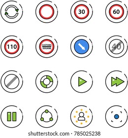 line vector icon set - exchange vector, prohibition road sign, speed limit 30, 60, 110, customs, detour, end, no, lifebuoy, play, fast forward, pause, community, star man, record button
