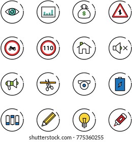 line vector icon set - eye vector, statistics, money bag, intersection road sign, no moto, speed limit 110, home, volume off, megaphone, opening, surveillance camera, battery, pencil, bulb, marker