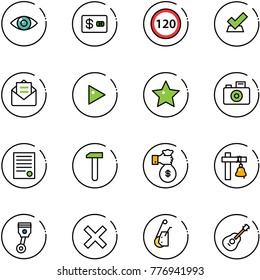 line vector icon set - eye vector, credit card, speed limit 120 road sign, check, opened mail, play, star, camera, agreement, work, rich, ship bell, piston, delete, winch, guitar