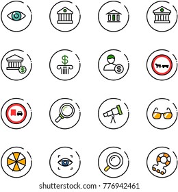 line vector icon set - eye vector, bank, account, no cart horse road sign, truck overtake, magnifier, telescope, sunglasses, parasol, scanner, teethers