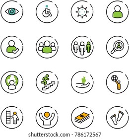 line vector icon set - eye vector, disabled, virus, user, check, group, head hunter, man globe, career, hand sproute, world, opportunity, success, dollar, feet