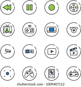 line vector icon set - fast backward vector, pause, record, film coil, tv news, joystick wireless, game console, surveillance camera, projector, playback, movie flap, button, gamepad