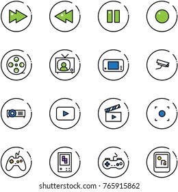 line vector icon set - fast forward vector, backward, pause, record, film coil, tv news, game console, surveillance camera, projector, playback, movie flap, button, joystick, gamepad