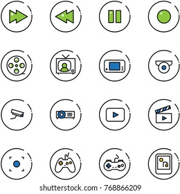 line vector icon set - fast forward vector, backward, pause, record, film coil, tv news, game console, surveillance camera, projector, playback, movie flap, button, joystick, gamepad