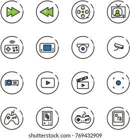 line vector icon set - fast forward vector, backward, film coil, tv news, joystick wireless, game console, surveillance camera, projector, playback, movie flap, record button, gamepad