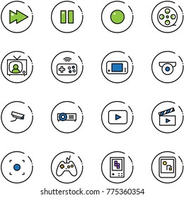 line vector icon set - fast forward vector, pause, record, film coil, tv news, joystick wireless, game console, surveillance camera, projector, playback, movie flap, button