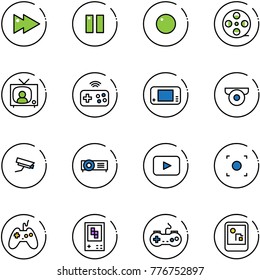 line vector icon set - fast forward vector, pause, record, film coil, tv news, joystick wireless, game console, surveillance camera, projector, playback, button, gamepad