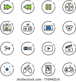 line vector icon set - fast forward vector, backward, pause, film coil, tv news, joystick wireless, game console, surveillance camera, projector, playback, movie flap, record button, gamepad