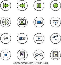 line vector icon set - fast forward vector, backward, pause, record, film coil, tv news, game console, surveillance camera, projector, playback, movie flap, button, gamepad