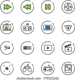 line vector icon set - fast forward vector, backward, pause, film coil, tv news, joystick wireless, game console, surveillance camera, projector, playback, movie flap, record button, gamepad