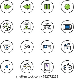 line vector icon set - fast forward vector, backward, pause, record, film coil, tv news, joystick wireless, game console, surveillance camera, projector, movie flap, button, gamepad