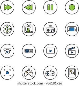 line vector icon set - fast forward vector, backward, pause, record, film coil, tv news, joystick wireless, game console, surveillance camera, projector, playback, movie flap, button, gamepad