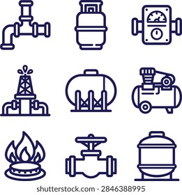 Line vector icon set featuring gas pipe connector, LPG cylinder, pressure meter, gushing oil well, compressor, and burner.   
