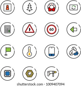 line vector icon set - female wc vector, christmas tree, wreath, card exchange, calculator, intersection road sign, speed limit 60, left arrow, flag, thermometer, mobile phone, recycling, cpu, nut