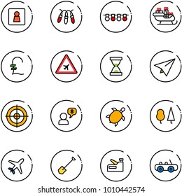 line vector icon set - female wc vector, garland, santa sleigh, pound, airport road sign, sand clock, paper plane, target, money dialog, sea turtle, forest, shovel, stapler, toy car