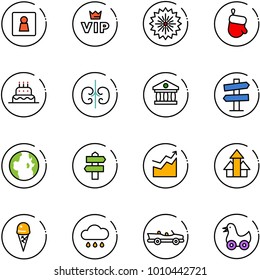 line vector icon set - female wc vector, vip, firework, christmas glove, cake, kidneys, bank, road signpost sign, globe, growth, arrows up, ice cream, rain cloud, cabrio, toy duck
