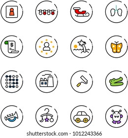 line vector icon set - female wc vector, garland, sleigh, lungs, account history, star man, palm, butterfly, circuit, plant, paint roller, crocodile, horn toy, baby carousel, car, monster