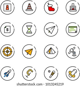 line vector icon set - female wc vector, road cone, christmas sock, fireplace, account statement, sand clock, paper plane, schedule, target, fly, tent, satellite, rocket, clamp, baseball bat