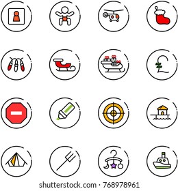 line vector icon set - female wc vector, baby, helicopter, christmas sock, garland, sleigh, santa, pound, no way road sign, highlight marker, target, bungalow, tent, farm fork, carousel, toy boat