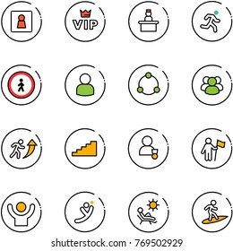line vector icon set - female wc vector, vip, recieptionist, run, no pedestrian road sign, user, community, group, career, stairs, winner, win, success, flying man, beach, surfing