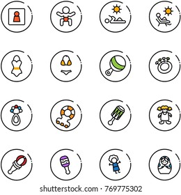 line vector icon set - female wc vector, baby, reading, beach, swimsuit, beanbag, teethers, doll, russian