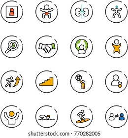 line vector icon set - female wc vector, baby, kidneys, gymnastics, head hunter, agreement, man globe, success, career, stairs, world, winner, swimming, surfing, information exchange