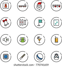 line vector icon set - female wc vector, baggage truck, santa claus, garland, bell, ski, flag, x ray, volume medium, group, drink, cpu, drill, ball, russian doll