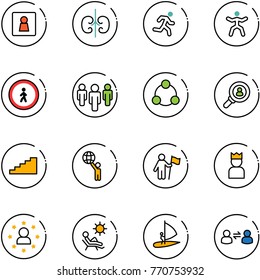 line vector icon set - female wc vector, kidneys, run, gymnastics, no pedestrian road sign, group, social, head hunter, stairs, world, win, king, star man, beach, windsurfing, information exchange