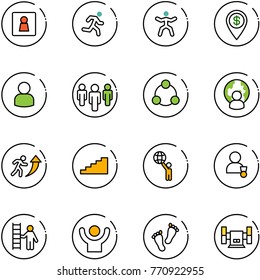 line vector icon set - female wc vector, run, gymnastics, dollar pin, user, group, social, man globe, career, stairs, world, winner, opportunity, success, feet, sharpening