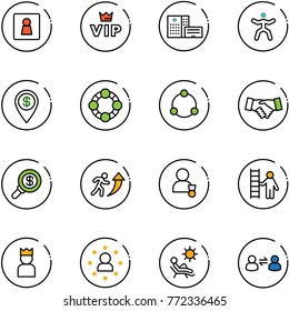 line vector icon set - female wc vector, vip, hospital building, gymnastics, dollar pin, friends, community, agreement, search money, career, winner, opportunity, king, star man, beach