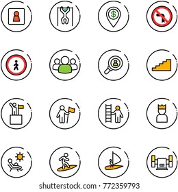 line vector icon set - female wc vector, pull ups, dollar pin, no left turn road sign, pedestrian, group, head hunter, stairs, win, opportunity, king, beach, surfing, windsurfing, sharpening