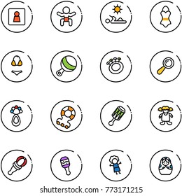 line vector icon set - female wc vector, baby, reading, swimsuit, beanbag, teethers, doll, russian