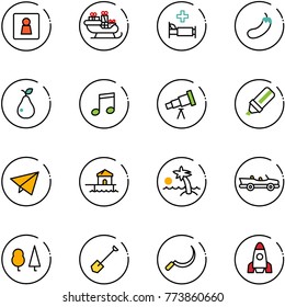 line vector icon set - female wc vector, santa sleigh, hospital bed, eggplant, pear, music, telescope, highlight marker, paper fly, bungalow, palm, cabrio, forest, shovel, sickle, rocket