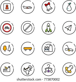 line vector icon set - female wc vector, small plane, bell, pear, no bike road sign, limit, rocket, paper fly, forest, skateboard, plant, lawn mower, stapler, dinosaur toy, baby carousel, soother