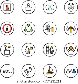 line vector icon set - female wc vector, recieptionist, kidneys, dollar pin, no pedestrian road sign, social, career, team leader, win, opportunity, success, swimming, feet, windsurfing