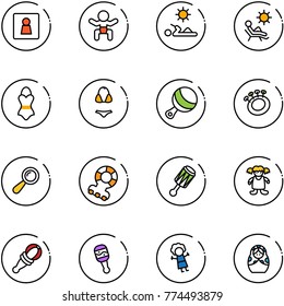 line vector icon set - female wc vector, baby, reading, beach, swimsuit, beanbag, teethers, doll, russian