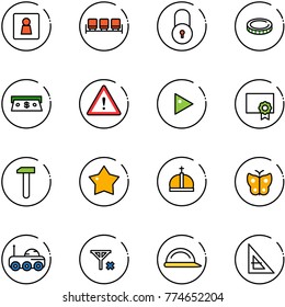 line vector icon set - female wc vector, waiting area, lock, coin, cash, attention road sign, play, certificate, work, star medal, crown, butterfly, moon rover, no signal, construction helmet