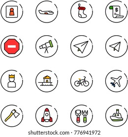 line vector icon set - female wc vector, small plane, christmas sock, account history, no way road sign, telescope, paper, fly, king, bungalow, bike, axe, rocket, shovel fork toy, boat
