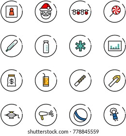 line vector icon set - female wc vector, santa claus, garland, lollipop, thermometer, vial, ambulance star, statistics, money bag, drink, drill, tile, jack, dryer, ball, doll