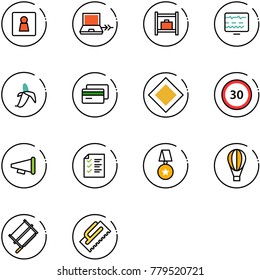 line vector icon set - female wc vector, netabook connect, baggage room, diagnostic monitor, banana, credit card, main road sign, speed limit 30, speaker horn, list, star medal, air balloon, bucksaw
