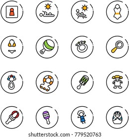 line vector icon set - female wc vector, reading, beach, swimsuit, beanbag, teethers, doll, russian