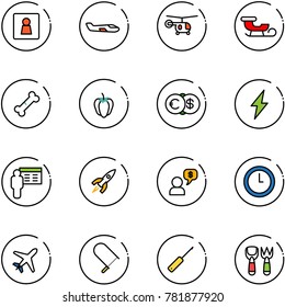 line vector icon set - female wc vector, small plane, helicopter, sleigh, broken bone, sweet pepper, euro dollar, lightning, presentation, rocket, money dialog, clock, fretsaw, awl, shovel fork toy