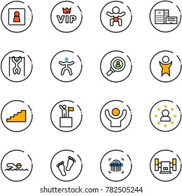 line vector icon set - female wc vector, vip, baby, hospital building, pull ups, gymnastics, head hunter, success, stairs, win, star man, swimming, feet, fingerprint scanner, sharpening