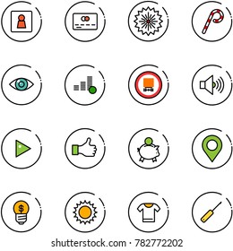 line vector icon set - female wc vector, credit card, firework, lollipop, eye, coin, no dangerous cargo road sign, volume max, play, like, piggy bank, map pin, business idea, sun, t shirt, awl