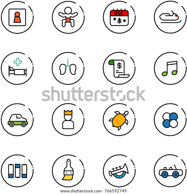 line
vector icon set - female wc vector, baby, christmas calendar,
snowmobile, hospital bed, lungs, account history, music, car, king,
sea turtle, atom core, battery, brush, horn
toy