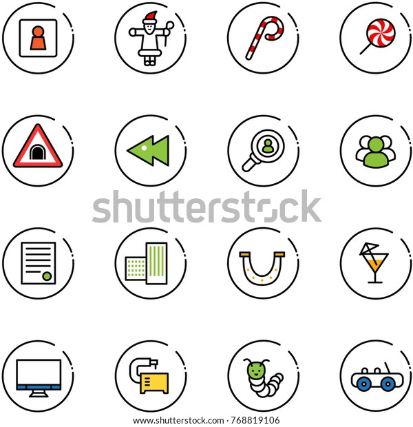 line vector icon set - female wc vector, santa claus,\
lollipop, tunnel road sign, fast backward, head hunter, group,\
agreement, building, luck, drink, monitor, machine tool, toy\
caterpillar, car