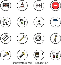 line vector icon set - fenced area vector, road cone, baggage room, no way sign, home, hammer, bucksaw, mason, measuring tape, plumber, screw, laser lever, shovel fork toy