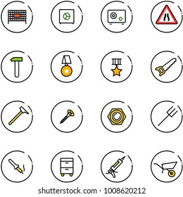 line vector icon set - fenced area vector, safe, Road narrows sign, work, star medal, saw, mason hammer, screw, nut, farm fork, soldering iron, tool cabinet, gun sealant, wheelbarrow