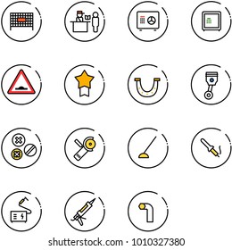 line vector icon set - fenced area vector, passport control, safe, artificial unevenness road sign, star medal, luck, piston, rivet, Angular grinder, hoe, soldering iron, welding, gun sealant