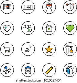 line vector icon set - fenced area vector, automatic doors, train, alarm clock, heart, encashment, home, cart, key, starfish, ship bell, molecule, chevron, ruler, basketball